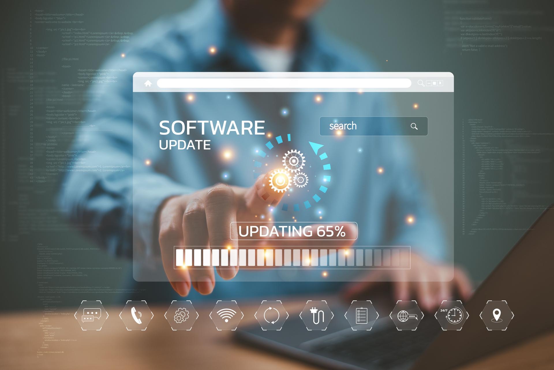 Update software system concept. Upgrade installation business app and software update process on computer laptop. User download install data function technology. New version security system release